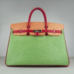 Hermes Birkin 40Cm Ostrich Stripe Handbags Red/Orange/Green Silver